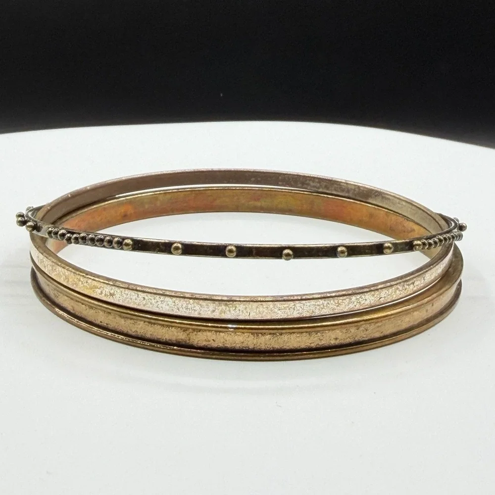 Brass Tone Multi Band Bangle Bracelet Beaded Dot Boho Tribal Statement Jewelry